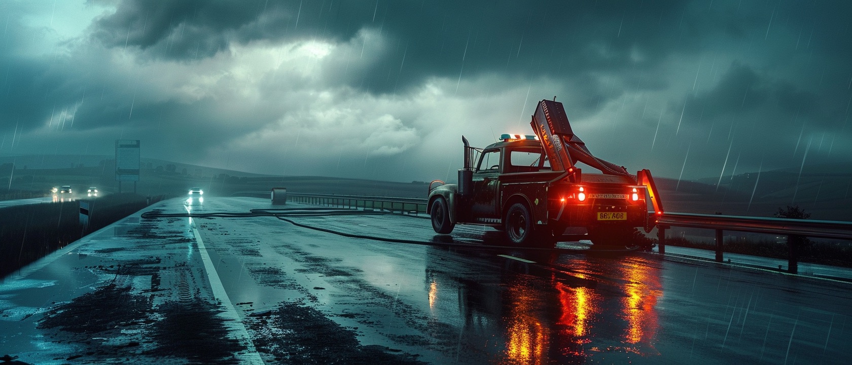 Tow truck on a wet road at night in the East Midlands